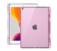 QYiiD Coque transparente pour iPad 10.2 7e/8e/9e génération 2021/2020/2019 avec porte-crayon, absorption des chocs, coque arrière transparente en silicone TPU souple, rose transparent
