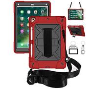 QYiiD Étui Antichoc pour iPad Pro 9.7 / iPad Air 2 Enfant ou Adult Coque de Robuste avec Porte-Stylet, Support Pivotant, Dragonne pour iPad Air 2 9.7 Pouces/iPad Pro 9.7 Pouces (Red+Noir)