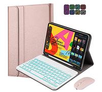 QYiiD Étui avec clavier pour iPad 8{^>e<^} génération 2020/7{^>e<^} génération 2019, cuir léger amovible, Bluetooth sans fil, rétroéclairage 7 couleurs, étui portefeuille en cuir intelligent, or rose