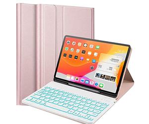 QYiiD Étui avec clavier pour iPad Pro 12,9 pouces 5e génération 2021 et 4e/3ème génération - Housse de protection en TPU souple avec rétroéclairage Clavier QWERTY sans fil amovible, OroRosa