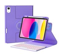 QYiiD Étui avec clavier rétroéclairé rotatif pour iPad 10{^>e<^} génération 2022, iPad 10 avec clavier, clavier sans fil rétroéclairé amovible avec coque hybride transparente pour A2696 A2757 A2777, violet
