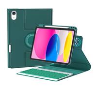 QYiiD Étui avec clavier rétroéclairé rotatif pour iPad 10e génération 2022, iPad 10 avec clavier, clavier sans fil rétroéclairé amovible avec coque hybride transparente pour A2696 A2757 A2777, vert foncé