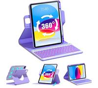 QYiiD Étui avec clavier rotatif pour iPad 10{^>e<^} génération 2022, iPad 10 avec clavier, coque magnétique rotative avec porte-crayon, clavier rétroéclairé amovible pour A2696, A2757, A2777, violet