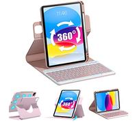 QYiiD Étui avec clavier rotatif pour iPad 10{^>e<^} génération 2022, iPad 10 avec clavier, fixation magnétique rotative avec porte-crayon, clavier rétroéclairé amovible pour A2696 A2757 A2777, rose