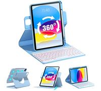 QYiiD Étui avec clavier rotatif pour iPad 10{^>e<^} génération 2022, iPad 10 avec clavier, fixation magnétique rotative avec porte-crayon, clavier rétroéclairé amovible pour A2696 A2757 A2777, bleu