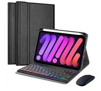 QYiiD Étui clavier et souris pour iPad Mini 6 2021, coque arrière en TPU souple avec porte-crayon et clavier sans fil détachable 7 couleurs pour iPad Mini 6ème génération 2021, noir