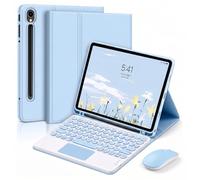 QYiiD Étui Clavier pour Galaxy Tab S10 Lite/S10 FE/S9 FE 10.9"/Tab S9 11", Pavé Tactile Multi-Touch, Souris Bleutooth 2,4G, AZERTY Clavier Bleutooth sans Fil Amovible, Coque avec Porte-S Pen, Bleu