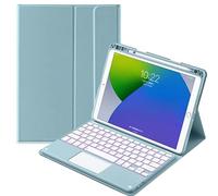 QYiiD TouchPad Étui avec clavier pour iPad Pro 12,9" 2021-5{^>e<^} génération/2020-4{^>e<^} génération/2018-3e génération, étui folio couleur clé mignonne avec porte-crayon, clavier rétroéclairé amovible magnétique, bleu