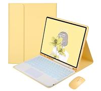 QYiiD TouchPad Étui clavier pour iPad 9.7 2018/2017 / iPad Air 2 / iPad Air Air 7 couleurs rétroéclairées amovibles sans fil clavier rond, étui intelligent magnétique avec porte-crayon, jaune