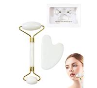 QYLNEX 2 Jade Roller Visage et Gua Sha Masseur,Outil de Massage Facial Gua Sha,Gua Sha pour le visage,le cou et le corps,Calme Et Détend La Peau, Élimine Les Poches Des Yeux,Avec coffret cadeau,Blanc