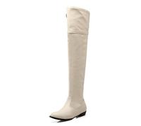 Qynthra Bottes en Cuir Femme Au Dessus du Genou Fermeture Éclair Latérale Talon Bloc Bottes Longues Mode Hiver pour Travail Bureau Usage Quotidien Style Rue,Beige,43 EU