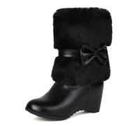 Qynthra Bottes Femme Fourrure Hiver Mi Mollet Similicuir Noeud Semelle Plate avec Rehaussement Cache 6cm Confortables Chaudes pour Tenues Quotidiennes Marche Exterieure Froid Voyages,Noir,35 EU