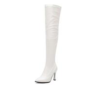 Qynthra Bottes Femme PU sur Le Genou Bout Pointu Talon Haut Fermeture Éclair Latérale Mode Haute sur La Cuisse Soirée Fête Chaussures de Robe,Blanc,44 EU