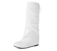 Qynthra Bottes Femme Souples Genou Similicuir Lacets Arriere Design Plat Rehausse Invisible 5cm Chaussures D Hiver pour Voyage Marche Quotidienne Et Tenue Decontractee,Blanc,43 EU