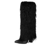 Qynthra Bottes Haute Genou en Fausse Fourrure Bout Pointu Talon Aiguille Bottes Style Mode pour Hiver Automne Nuit Fête Soirée Quotidien Voyage Bureau Défilé,Noir,41 EU