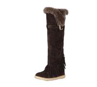 Qynthra Bottes Hautes en Daim À Franges Style Au Genou Bord en Fourrure Talon Bas pour Hiver Automne Mode Quotidienne,Dark Brown,41 EU