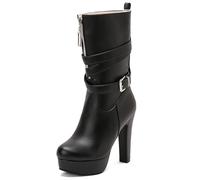 Qynthra Bottes Mi-Mollet à Plateforme Gros Talon Bloc Fermeture Éclair Latérale Courroie à Boucle Bottines Habillées pour Travail de Bureau et Marche en Ville,Noir,39 EU