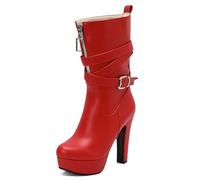 Qynthra Bottes Mi-Mollet à Plateforme Gros Talon Bloc Fermeture Éclair Latérale Courroie à Boucle Bottines Habillées pour Travail de Bureau et Marche en Ville,Rouge,46 EU