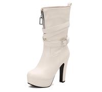 Qynthra Bottes Mi-Mollet à Plateforme Gros Talon Bloc Fermeture Éclair Latérale Courroie à Boucle Bottines Habillées pour Travail de Bureau et Marche en Ville,Blanc,39 EU