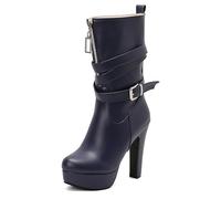 Qynthra Bottes Mi-Mollet à Plateforme Gros Talon Bloc Fermeture Éclair Latérale Courroie à Boucle Bottines Habillées pour Travail de Bureau et Marche en Ville,Bleu,48 EU