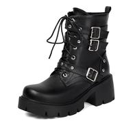 Qynthra Bottes Plateforme Mode en Cuir Verni À Lacets avec Détail Triple Boucles Talon Bloc Zip Latéral Chaussures Tendance,Black PU,39 EU