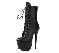 Qynthra Bottines à Plateforme Lacets Femme 16cm Talon Aiguille Haut Bottes Courtes Mode Robe avec Fermeture Éclair Latérale pour Soirée et Podium,Matte Black,40 EU