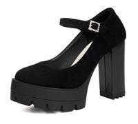 Qynthra Chaussures de Bureau Plateforme Épaisse Talon Bloc Bout Rond Escarpins Professionnels Mary Jane Escarpins Courts pour Réunions de Travail et Événements d'affaires,Suede,40 EU