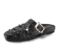Qynthra Chaussures Enfiler Tressées Sandales Plates Bout Fermé Boucle Dorée Chaussures Décontractées pour Intérieur Extérieur Été PU,Noir,43 EU