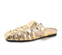 Qynthra Chaussures Enfiler Tressées Sandales Plates Bout Fermé Boucle Dorée Chaussures Décontractées pour Intérieur Extérieur Été PU,d'or,38 EU