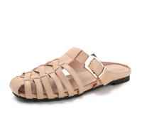 Qynthra Chaussures Enfiler Tressées Sandales Plates Bout Fermé Boucle Dorée Chaussures Décontractées pour Intérieur Extérieur Été PU,Apricot,43 EU