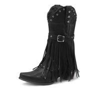 Qynthra Femmes Bottes Cloutees Occidental Cowboy Brun avec Frange Detail Etoile Laniere Boucle Talon Bloc Mi Mollet pour Festivals Musique,Noir,41 EU