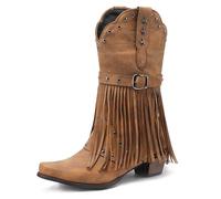 Qynthra Femmes Bottes Cloutees Occidental Cowboy Brun avec Frange Detail Etoile Laniere Boucle Talon Bloc Mi Mollet pour Festivals Musique,Marron,37 EU
