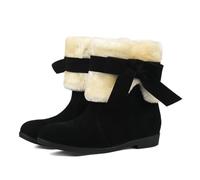 Qynthra Femmes Bottes Suede Hiver Style Cheville Double Fausse Fourrure Detail Noeud Plat pour Rendez Vous Cafe,Noir,41 EU