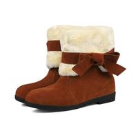 Qynthra Femmes Bottes Suede Hiver Style Cheville Double Fausse Fourrure Detail Noeud Plat pour Rendez Vous Cafe,Marron,43 EU