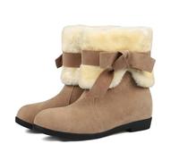 Qynthra Femmes Bottes Suede Hiver Style Cheville Double Fausse Fourrure Detail Noeud Plat pour Rendez Vous Cafe,Apricot,35 EU