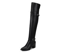 Qynthra Femmes Detail Boucle Bottes sur Le Genou Bout Pointu Talon Bloc Zip Cote pour Sorties Decontractees,Noir,37 EU