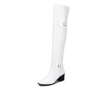 Qynthra Femmes Detail Boucle Bottes sur Le Genou Bout Pointu Talon Bloc Zip Cote pour Sorties Decontractees,Blanc,37 EU