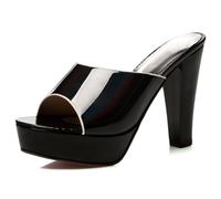Qynthra Mules à Plateforme Miroir Verni Femme Gros Talon Bloc Peep Toe à Enfiler Talons Hauts Party Slides Chaussures de Soirée pour Soirée en Club et Fête Cocktail,Noir,40 EU