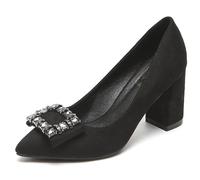 Qynthra Pumps Classiques en Daim Femme à Gros Talon Carré Bout Pointu Chaussures de Robe à Enfiler avec Boucle Cristal pour Travail de Bureau et Affaires,Black 5cm,40 EU