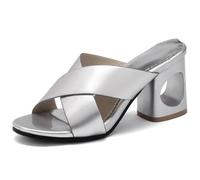 Qynthra Sandales à Glissement Argent Métallique Femme Bretelle Croisée Creux Talon Épais Carré Bout Ouvert Mules Chaussures de Robe Élégantes d'Été Réception de Mariage,Argent,35 EU