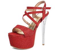 Qynthra Sandales À Plateforme Sexy Femme À Brides Croisées Bout Ouvert Et Talon Aiguille Soirées Dansantes Et Tenues De Club Dessus Pailleté Scintillant avec Fermeture À Boucle,Rouge,34 EU