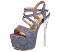 Qynthra Sandales À Plateforme Sexy Femme À Brides Croisées Bout Ouvert Et Talon Aiguille Soirées Dansantes Et Tenues De Club Dessus Pailleté Scintillant avec Fermeture À Boucle,Violet,42 EU