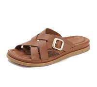 Qynthra Sandales Décontractées Plates Bride Croisée Bout Plat Boucle Chaussures Confortables pour Quotidien Voyage PU Caoutchouc,Marron,41 EU