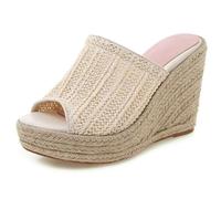Qynthra Sandales Femme Tissé Espadrilles Semelle Compensée Talon Bout Ajouré Plateforme Mules Élégants Slides de Robe Décontractée pour Rendez-Vous Brunch et Tenue Raffinée d'Été,Beige,36 EU