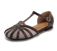Qynthra Sandales Mesh Respirantes Plates Bride T Tressé Bout Rond Chaussures Décontractées pour Marche Voyage Été,café,36 EU
