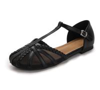 Qynthra Sandales Mesh Respirantes Plates Bride T Tressé Bout Rond Chaussures Décontractées pour Marche Voyage Été,Noir,36 EU