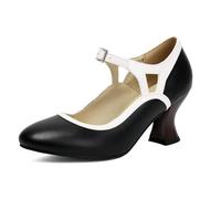 Qynthra Talons Bride Cheville 7cm Talon Bloc Mary Jane Escarpins Deux Tons Bloc Couleurs Bout Rond pour Tenue Formelle,Noir,38 EU