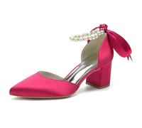 Qynthra Talons De Mariage Femme en Satin Bout Pointu Talon Bloc Bride Perle Style Nœud Talons Habillés Escarpins Élégants Bride Cheville Chaussures Formelles Design,Rose Red,40 EU