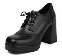 Qynthra Talons Oxford Rétro Femme À Lacets Fibre Ultra Bout Carré Plateforme Épaisse Talon Haut Bloc Chaussures Élégantes pour Casual Bureau Soirées Usage Quotidien,Noir,38 EU