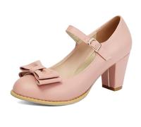 Qynthra Talons Style Kawaii Femme Nœud Bout Rond Talon Bloc Épais Mary Jane Chaussures pour Fête Cosplay Et Tenue Mignonne Escarpins Habillés Ajustement Large Grandes Tailles,Rose,40 EU